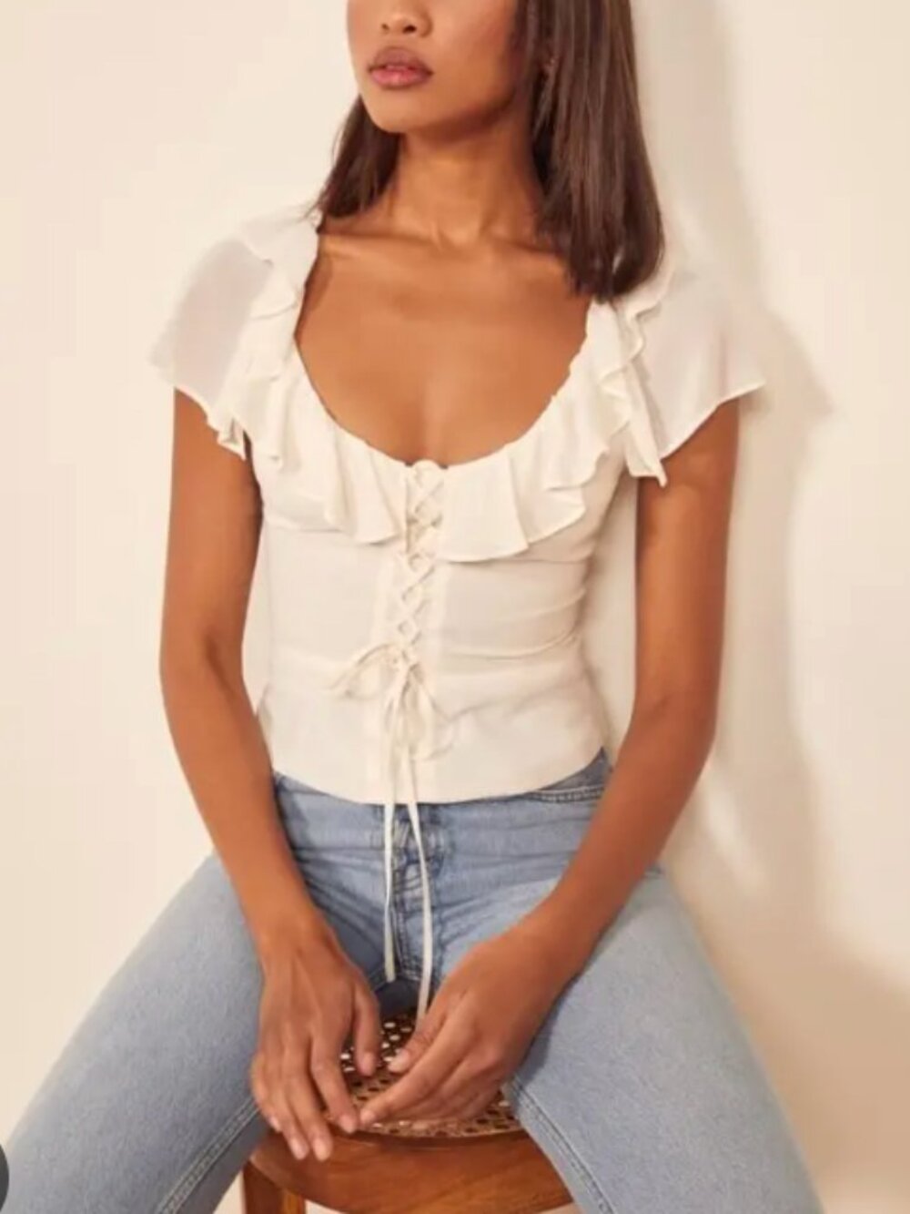 Reformation Fleur Ruffle Trim Lace-Up Top Size 4 Ivory